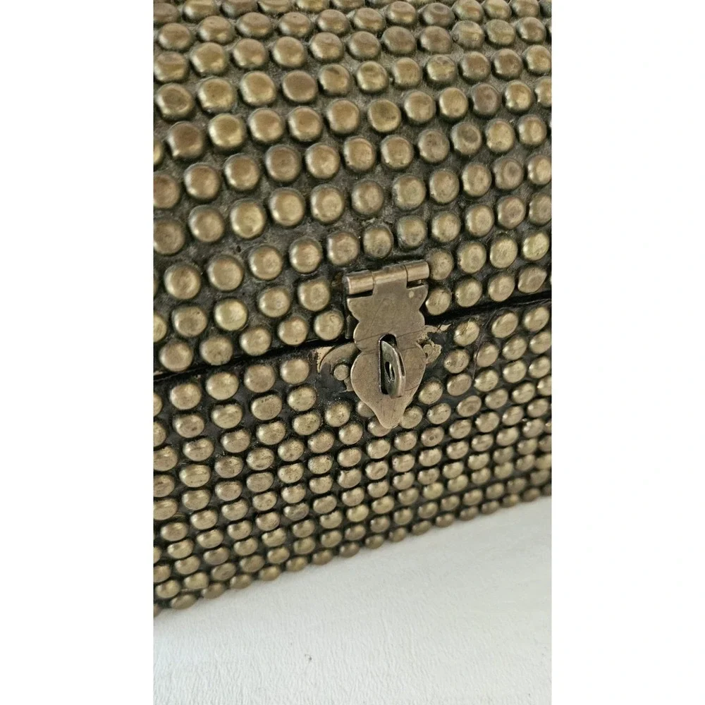 Vintage Brass Hobnail Wood Barrel Top Trinket Box 5